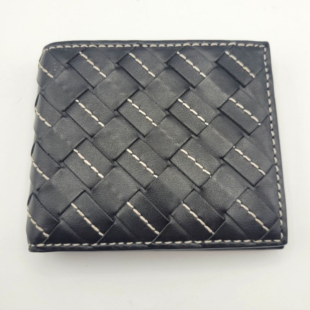 Bottega Veneta Black and Cream Woven Leather Card Holder
